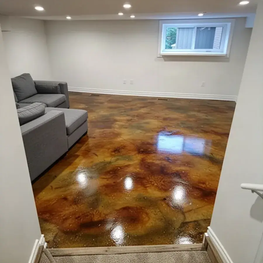 Acid-stained basement floor Acid stained basement concrete floor in Kitchener home