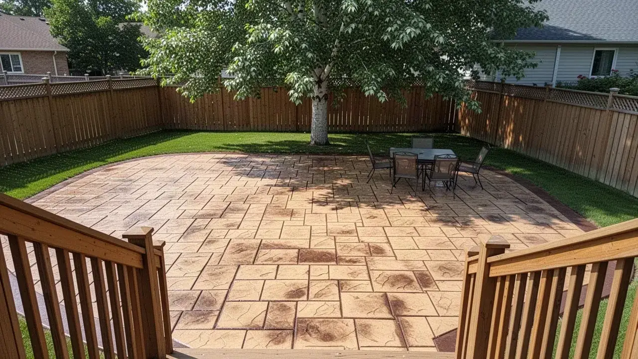 Ashlar slate stamped concrete patio behind Cambridge home