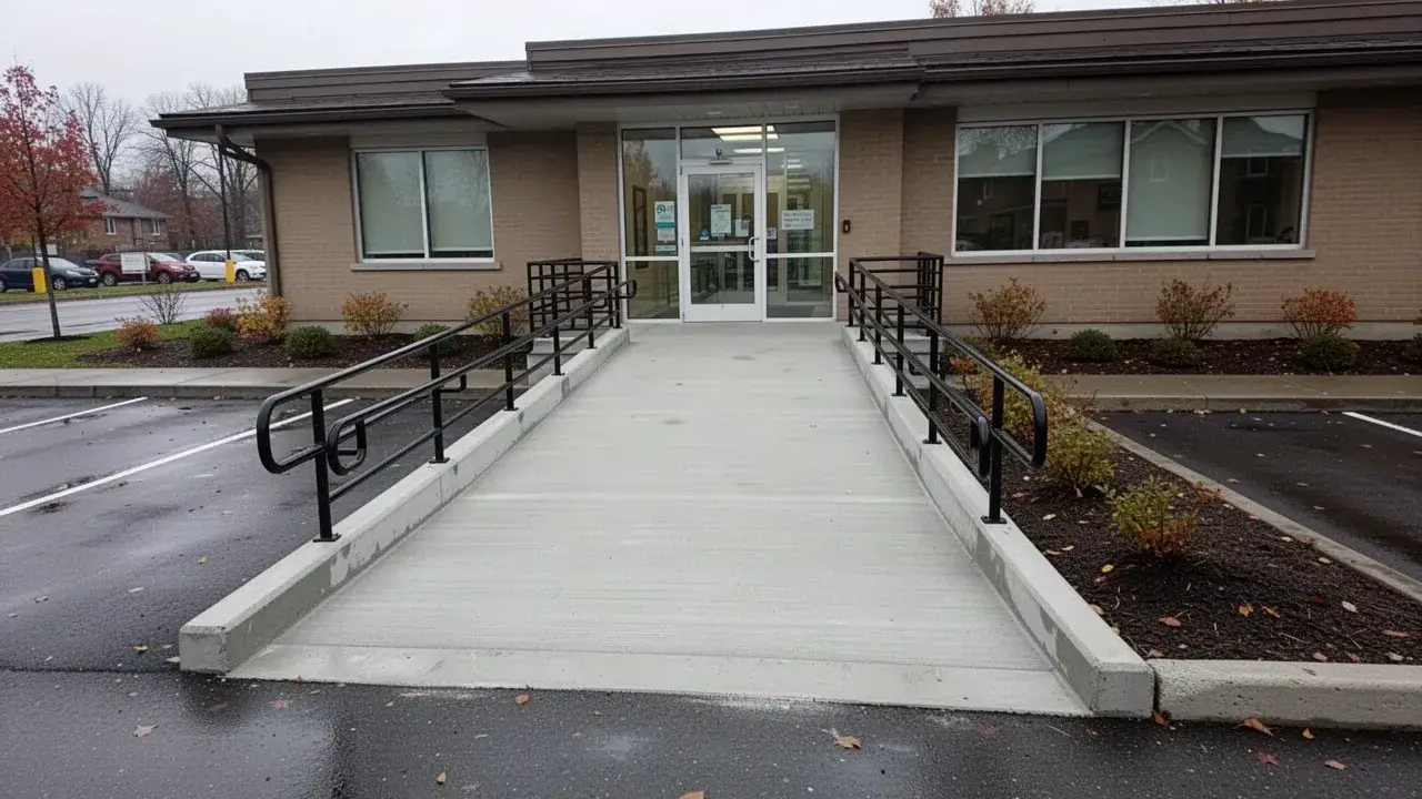 Barrier-free concrete entrance ramp with steel handrails Cambridge