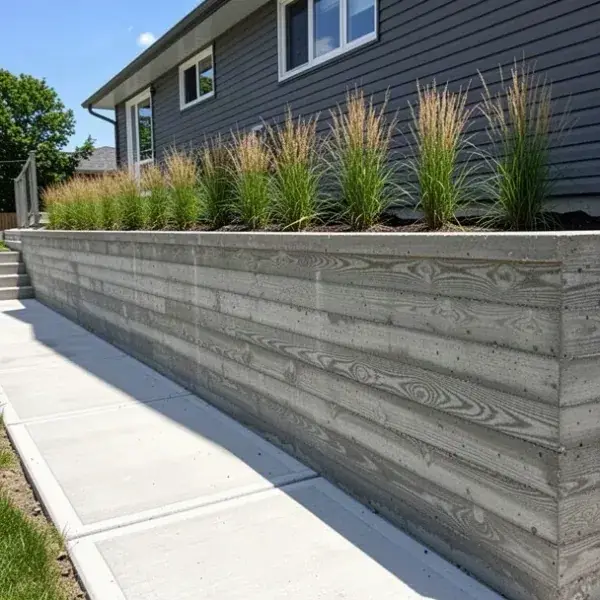 Board-formed wall face Board-formed concrete retaining wall beside modern home landscaping