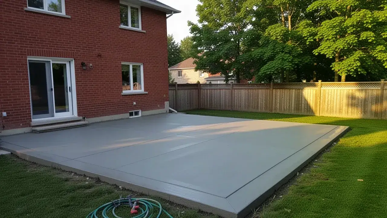 Broom finish concrete patio behind Cambridge brick home