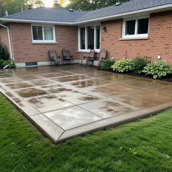 Finished patio with clean joints Broom finished concrete patio with tooled control joints