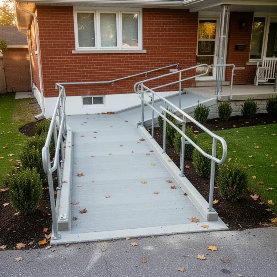 Broom finished concrete wheelchair ramp at brick bungalow