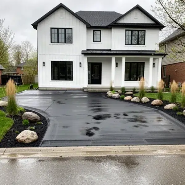 Charcoal driveway, modern home Charcoal coloured concrete driveway beside modern Waterloo home