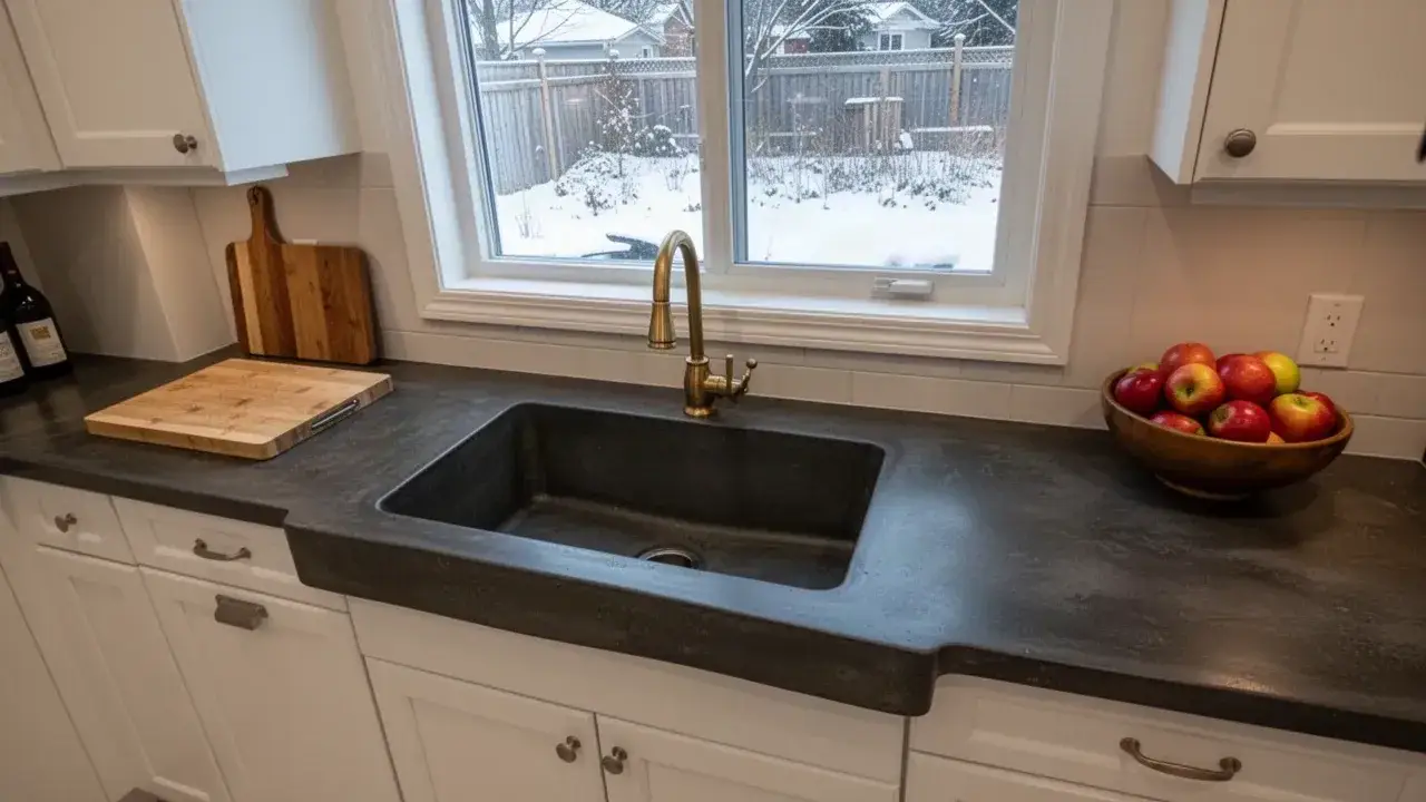 Charcoal GFRC concrete kitchen countertop with integral sink