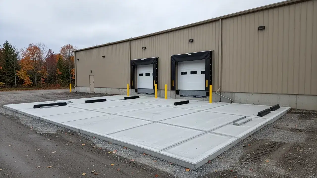 Commercial concrete loading area behind a Cambridge industrial building