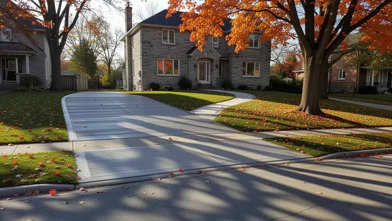 Completed concrete driveway and walkway on a Galt street