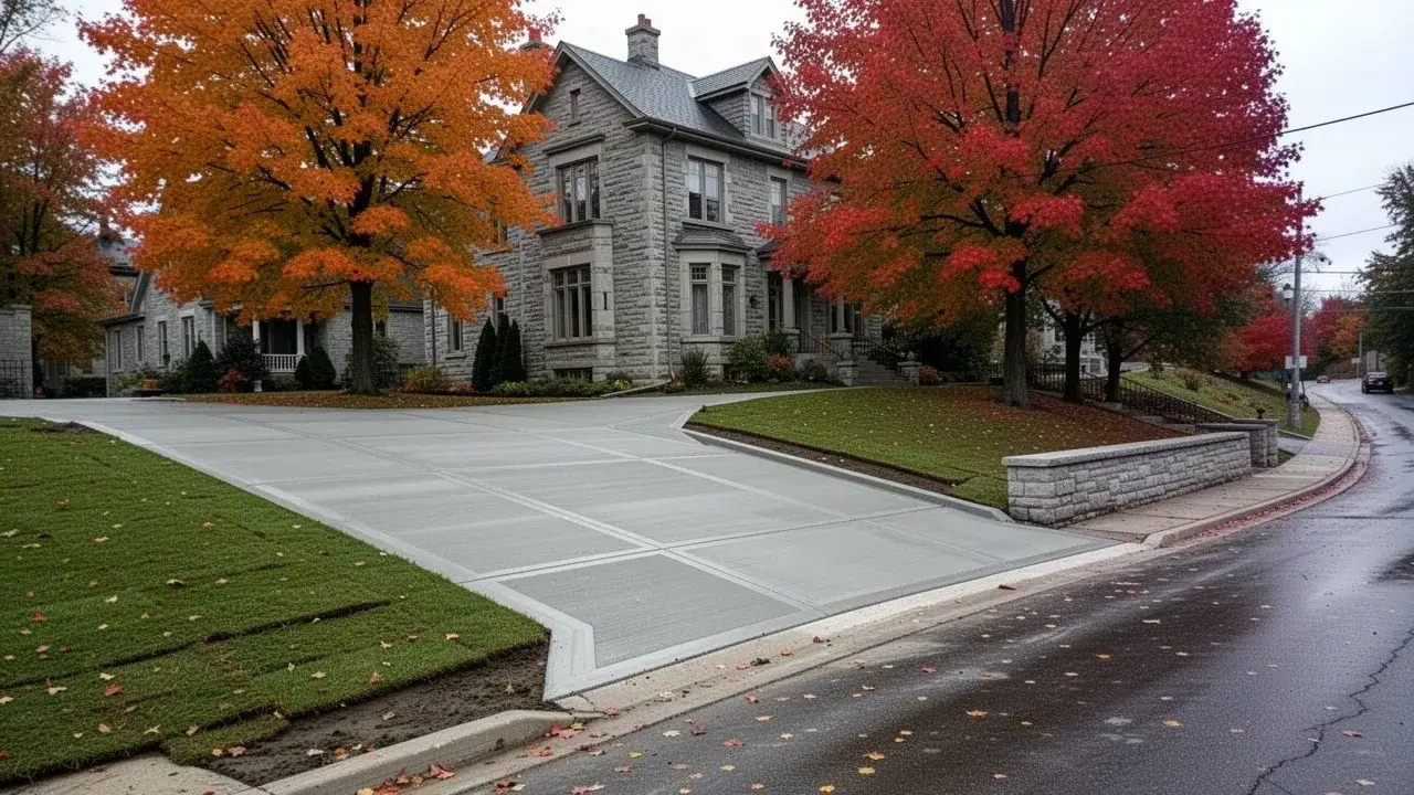 Concrete driveway beside a limestone house in Galt, Cambridge