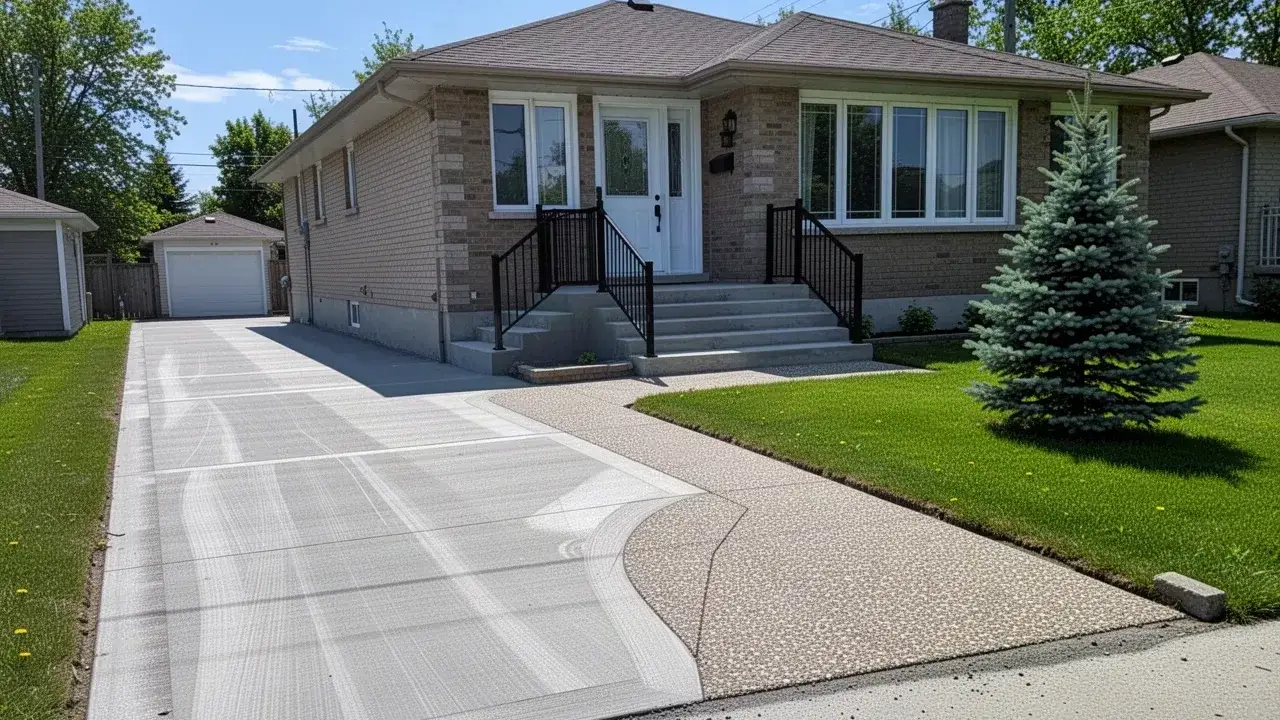Concrete driveway, walkway and steps at a Cambridge bungalow