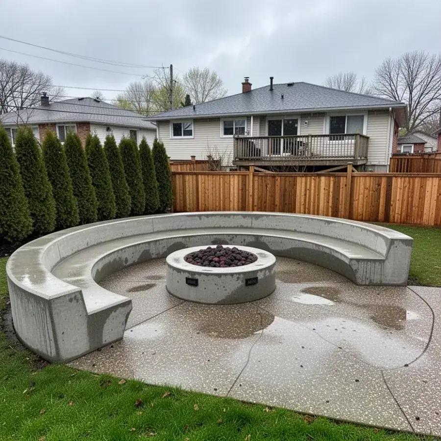 Concrete fire pit with curved seat wall in Brantford yard