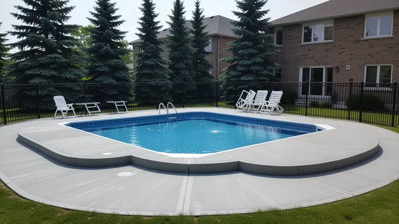 Concrete pool deck around vinyl pool in Cambridge