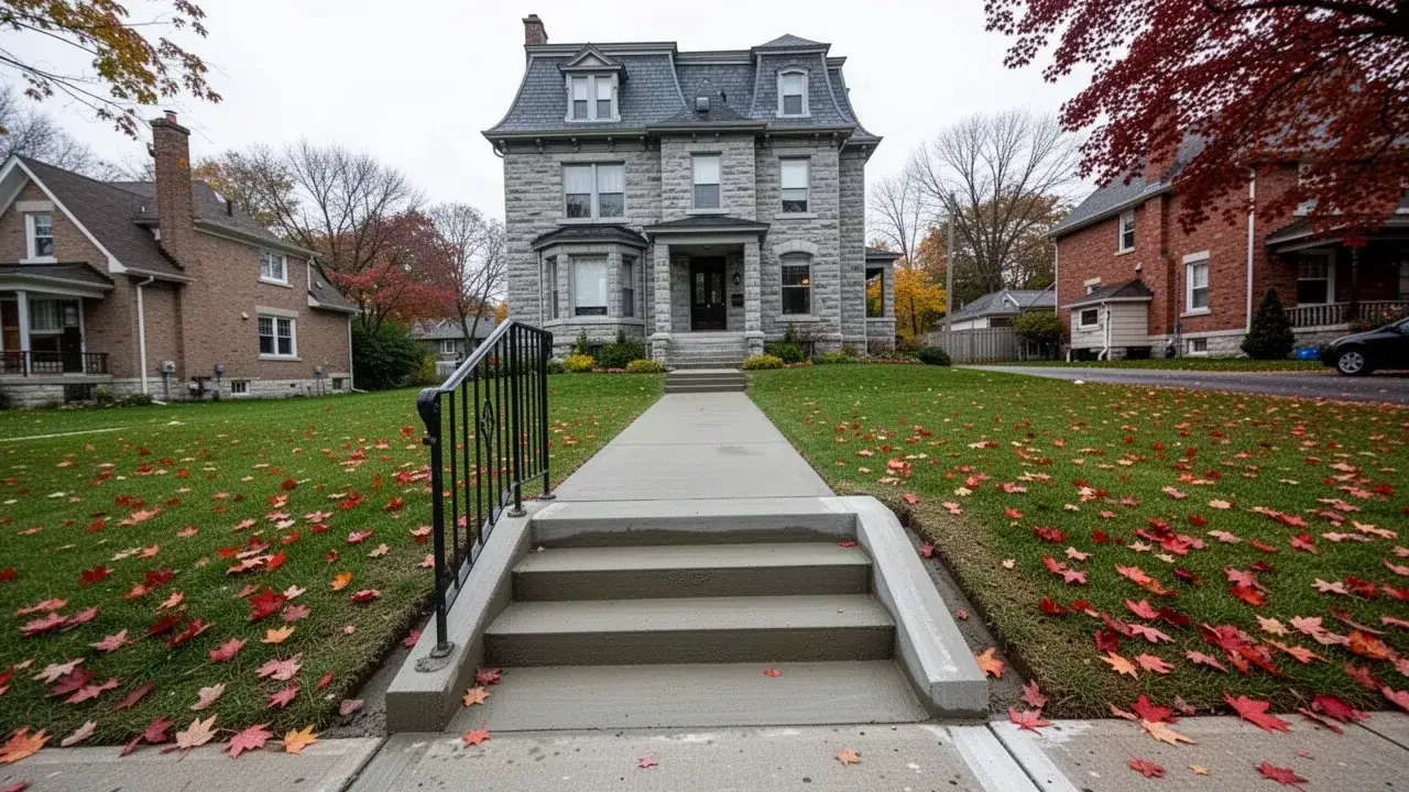 Concrete steps and walkway at Guelph limestone home