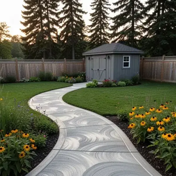 Curved backyard garden walkway Curved concrete garden path to backyard shed