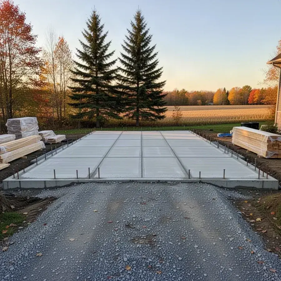 Garage slab before framing Detached garage concrete slab with anchor bolts in Guelph