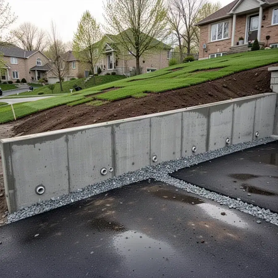 Weep holes and clear stone Finished concrete retaining wall with weep holes and drainage stone