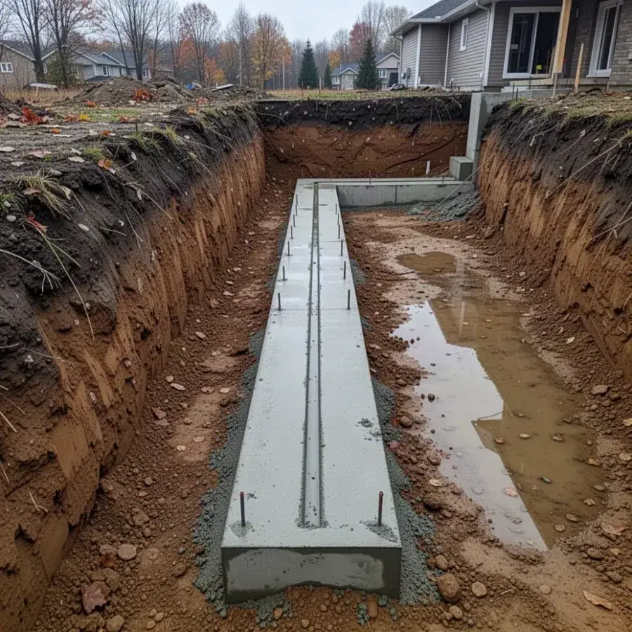 Formed concrete strip footings with keyway on undisturbed soil