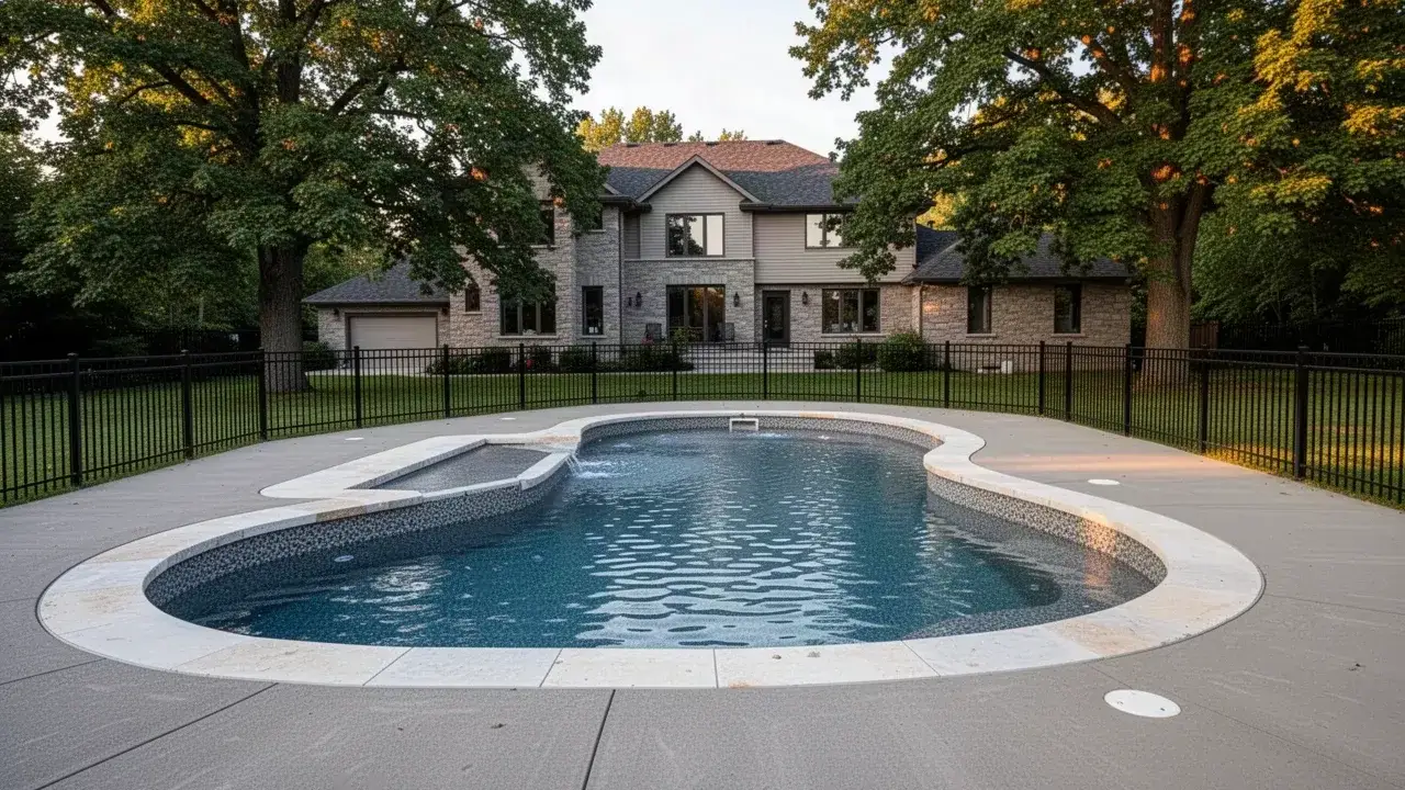 Freeform concrete pool with pebble interior in Cambridge