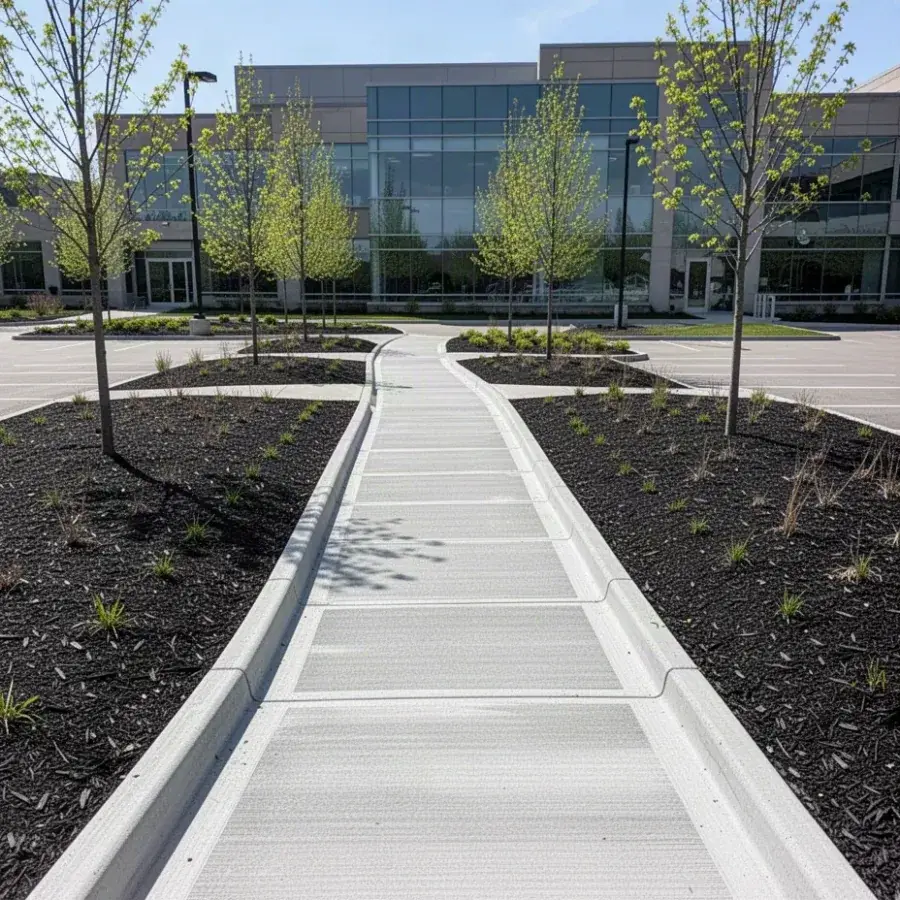 Fresh concrete curbs and walkway at a Waterloo office park
