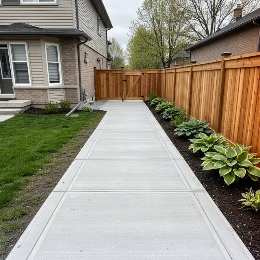 Fresh concrete side walkway along a Kitchener semi-detached home
