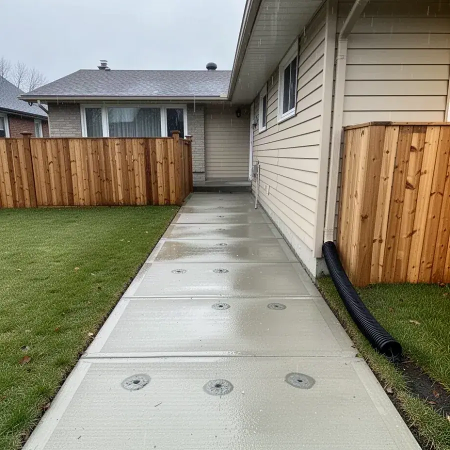 Walkway panels flush again Freshly levelled concrete walkway beside Cambridge bungalow