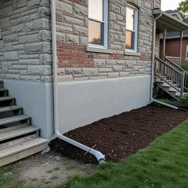 Freshly parged stone foundation on older Galt house