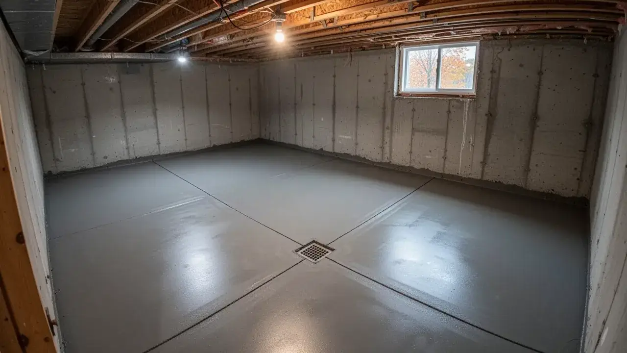 Freshly power troweled concrete basement floor in Cambridge