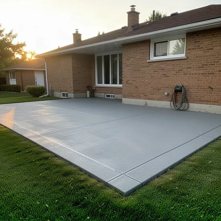 Patio after grinding and overlay Freshly resurfaced grey concrete patio behind Waterloo home