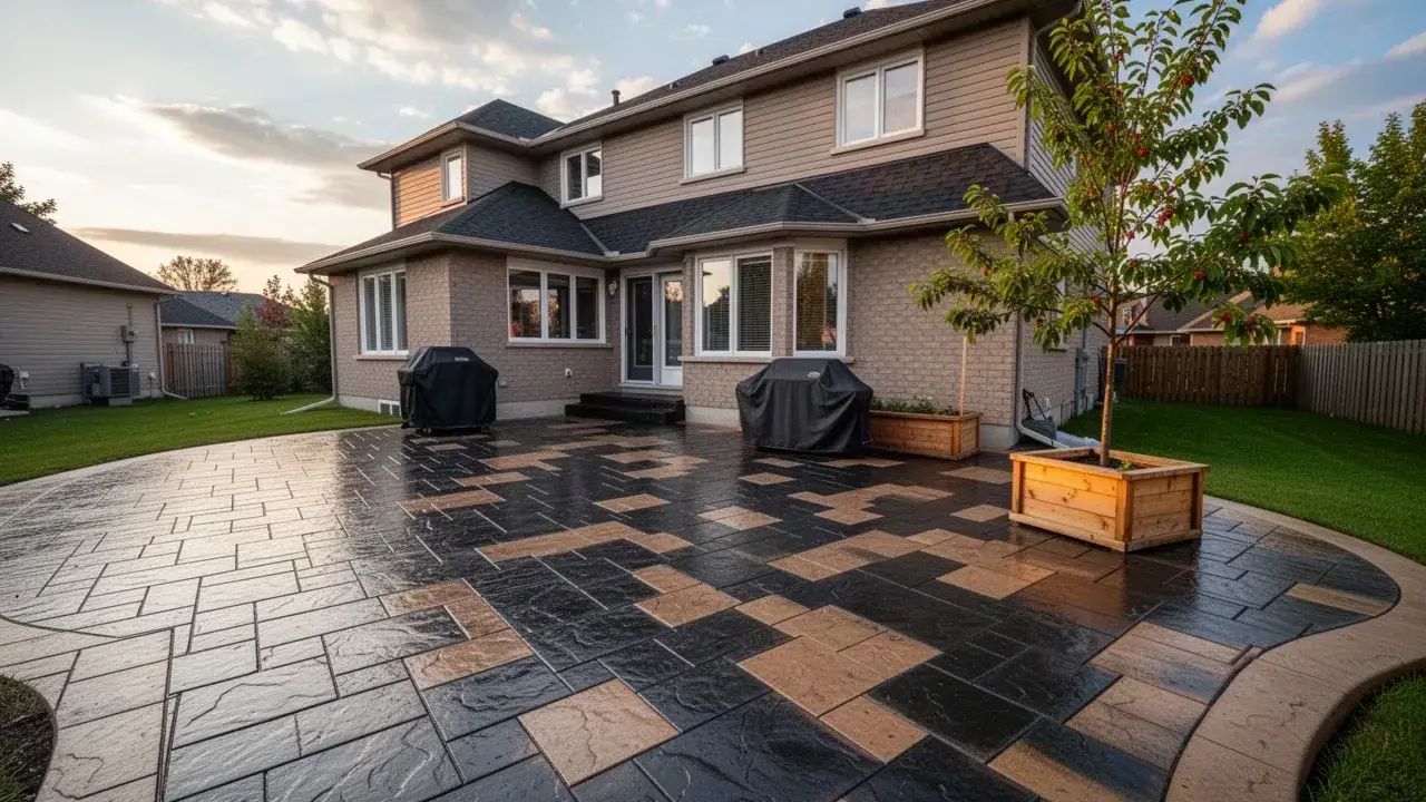 Freshly sealed stamped concrete patio in Cambridge Ontario