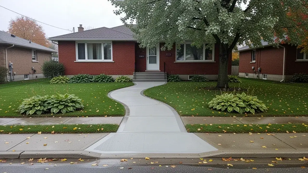 Front entry concrete walkway to Cambridge brick bungalow