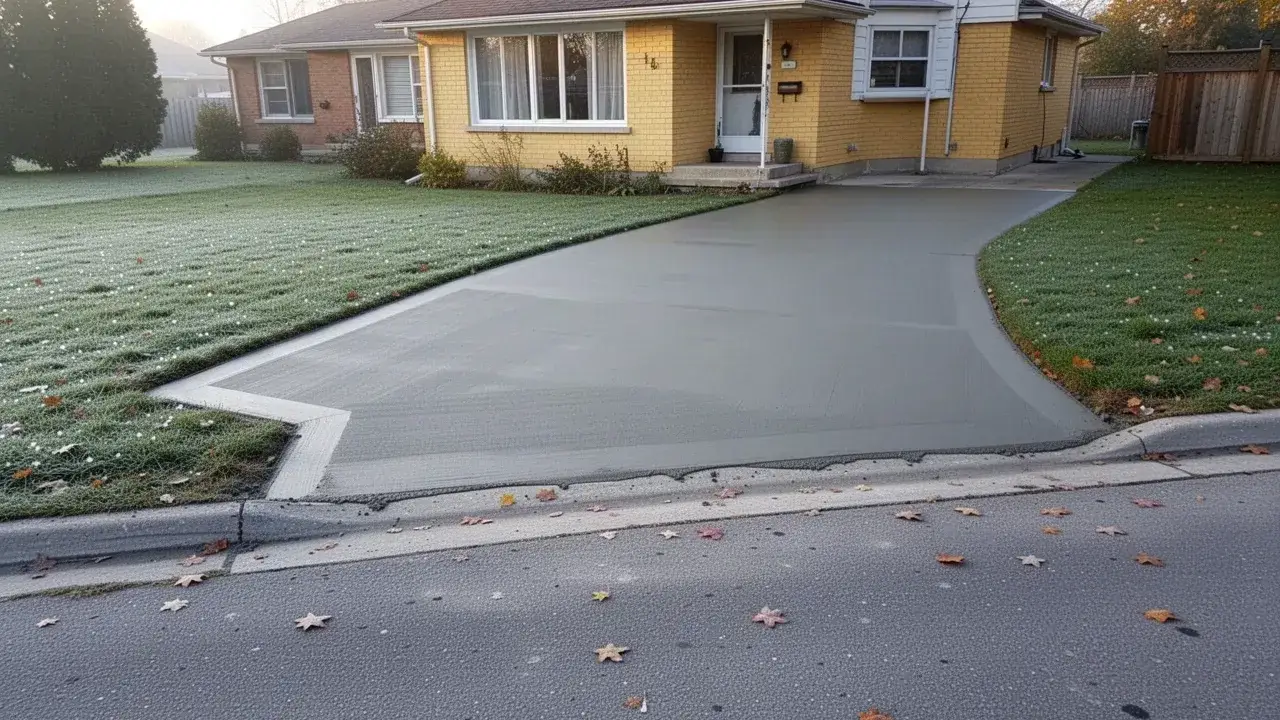 Grey broom finished driveway apron meeting a Preston curb
