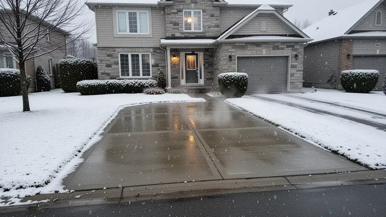 Heated concrete driveway melted clear after snowfall in Cambridge