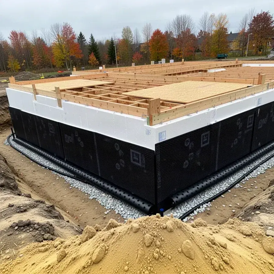 ICF foundation with waterproofing membrane before backfill in Waterloo