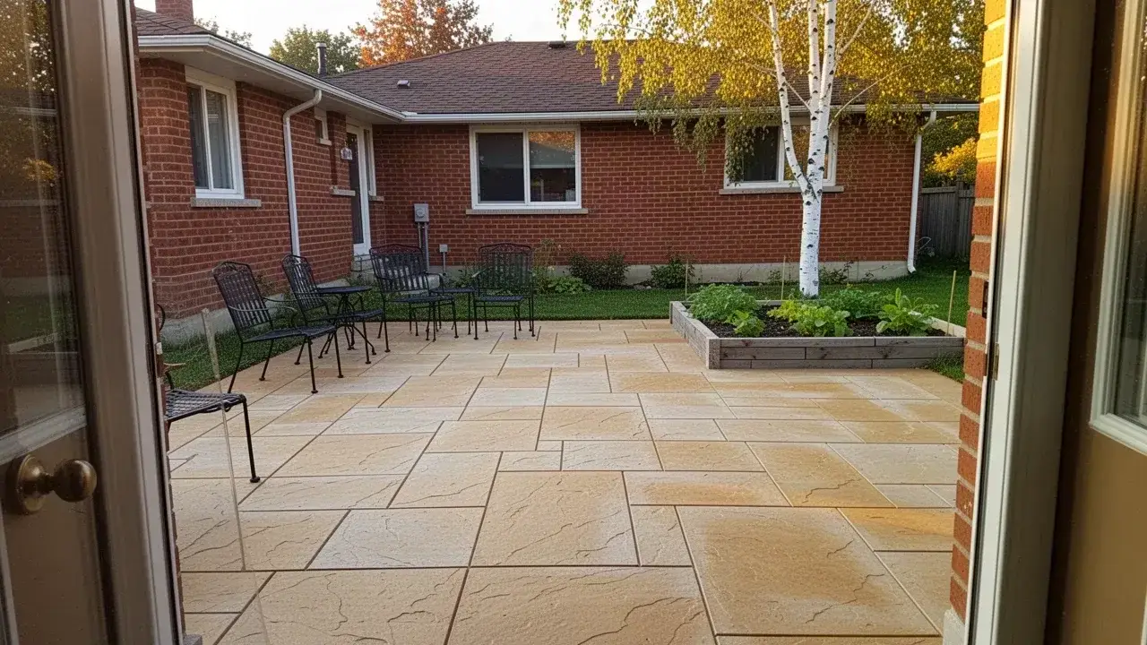 Integrally coloured tan concrete patio in Cambridge backyard