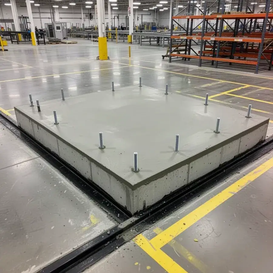 Machine base inside a plant Isolated concrete machine base with anchor bolts in factory