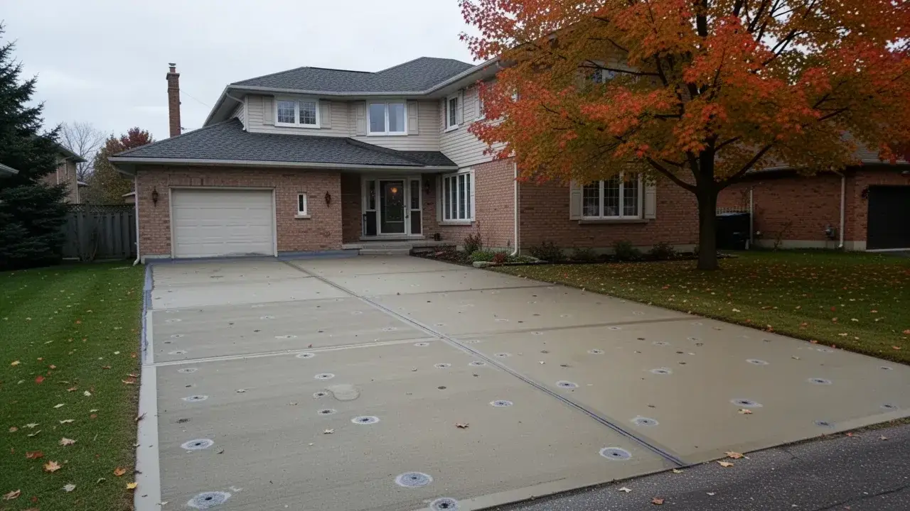 Levelled concrete driveway and front walkway in Cambridge Ontario