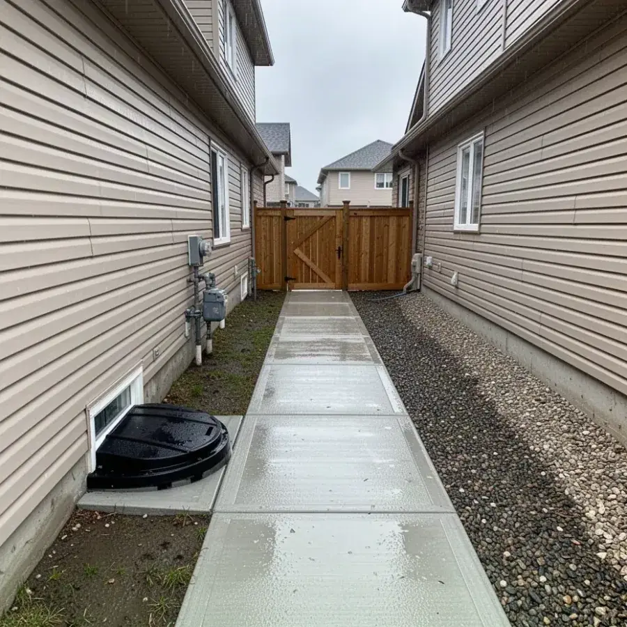 Side-yard walkway sloped from the wall Narrow side yard concrete walkway beside vinyl siding