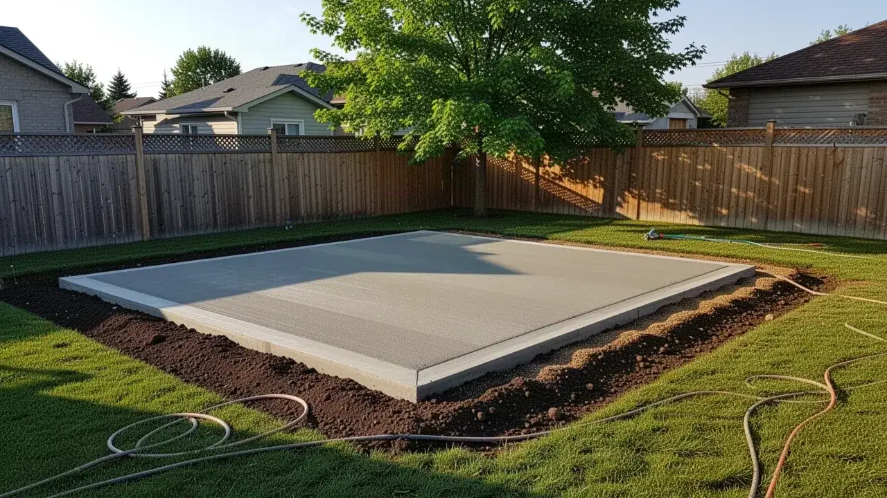 New broom finished concrete shed pad in Cambridge backyard