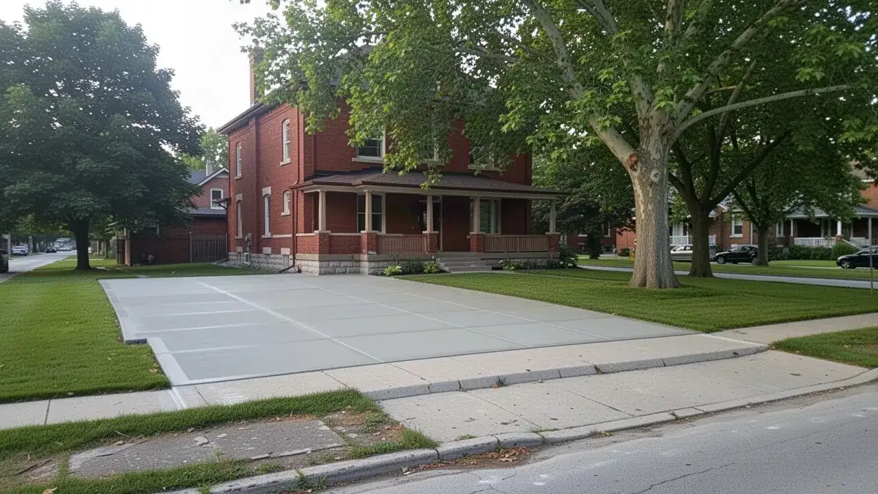 New concrete driveway beside red brick Brantford home