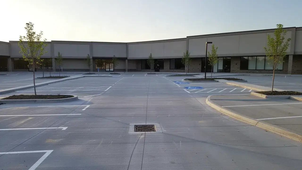 New concrete parking lot at Cambridge retail plaza