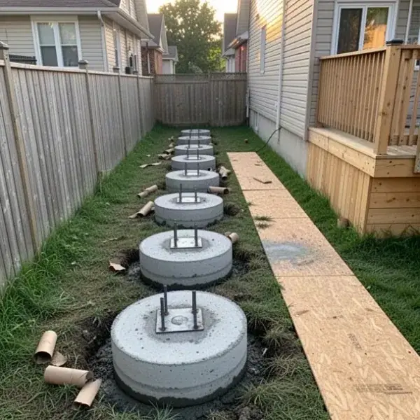 Backyard piers, pumped in New concrete pier footings in narrow Kitchener backyard