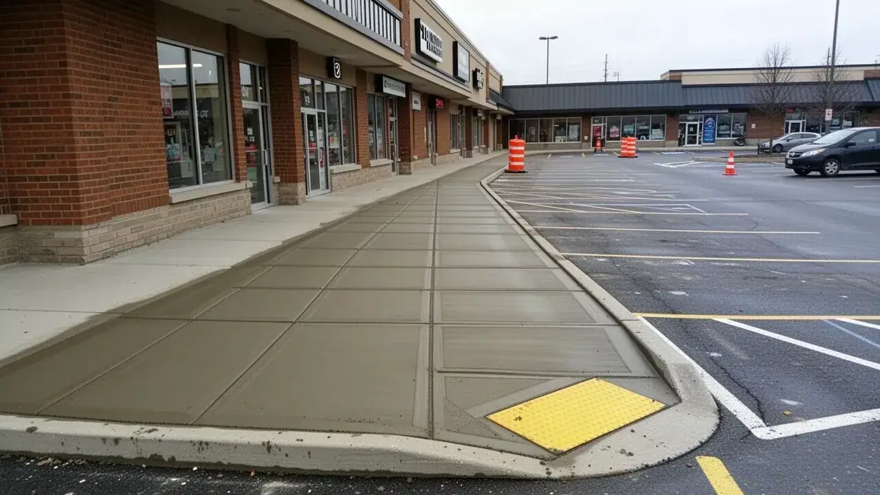 New concrete sidewalk in front of Cambridge retail plaza