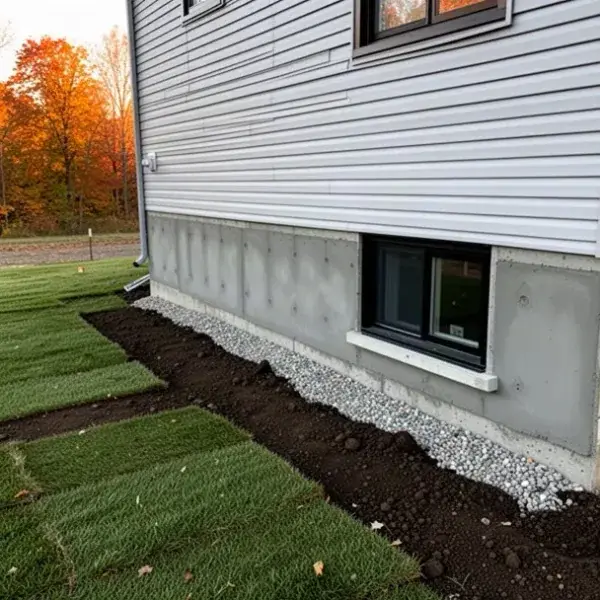 Parged above-grade ICF foundation on finished new home