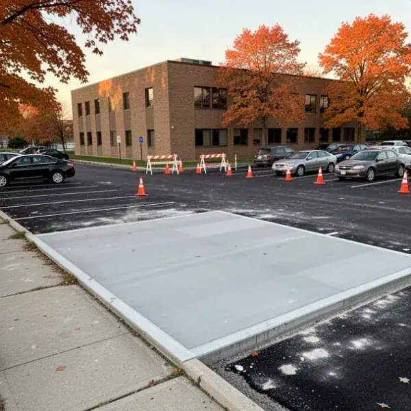 New section, rest still open Phased concrete lot section beside open asphalt parking stalls