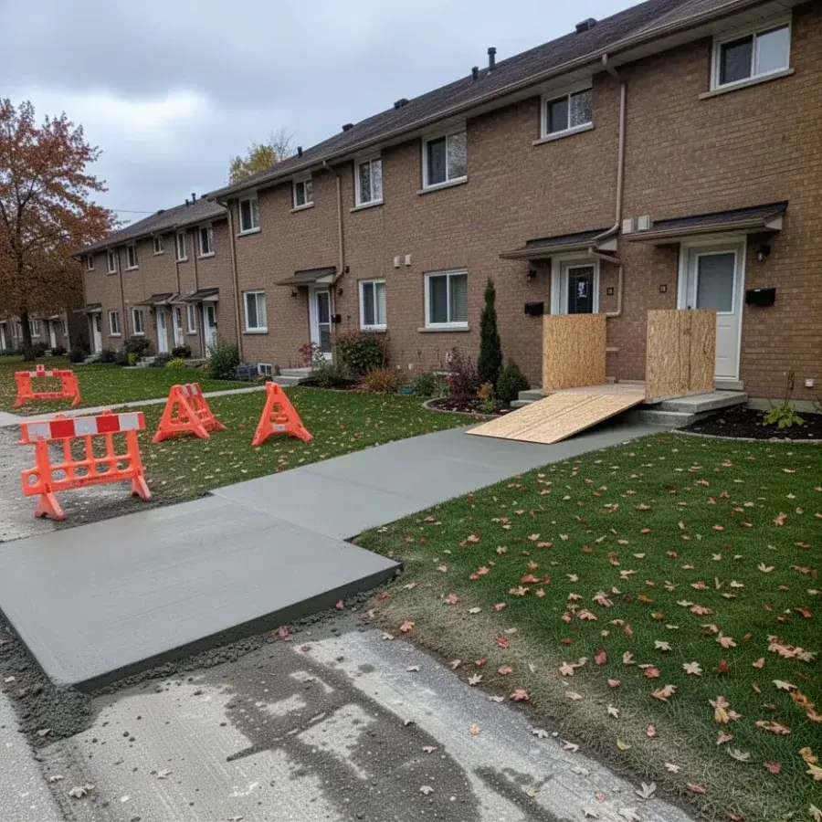 Phased pathway replacement at a condo Phased condo pathway replacement with barricades in Kitchener