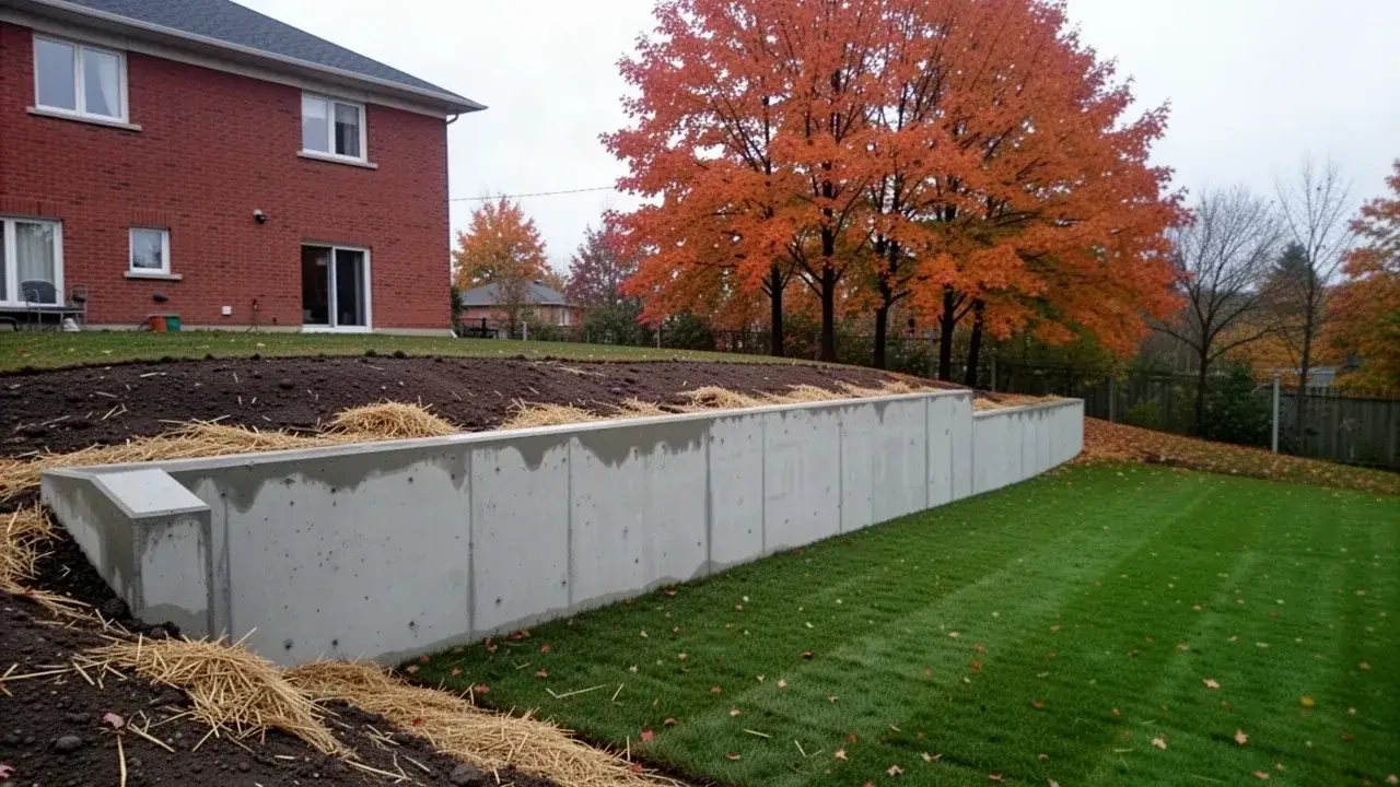 Poured concrete retaining wall terracing a sloped Cambridge backyard