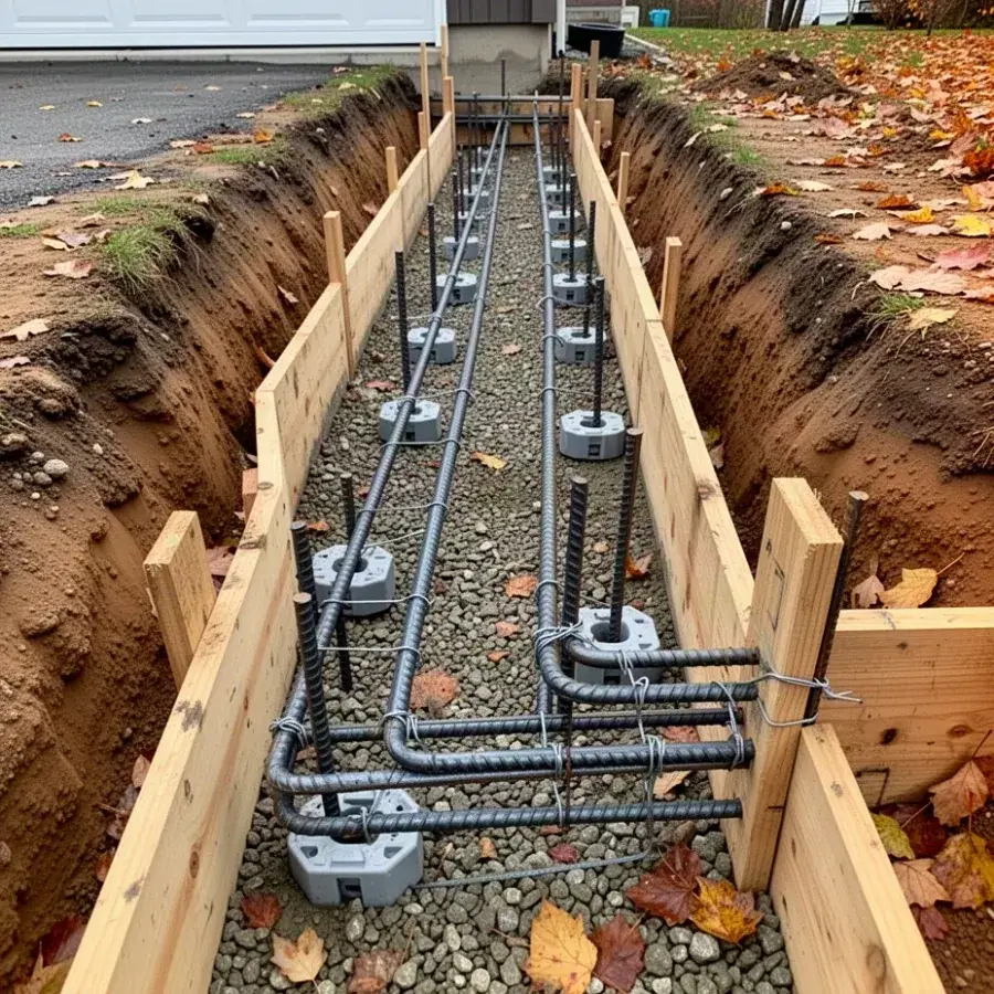 Rebar footing cage with plastic chairs and lapped corners