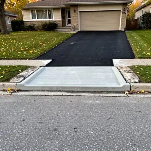 New depressed curb at a driveway Recast concrete boulevard curb at widened driveway entrance
