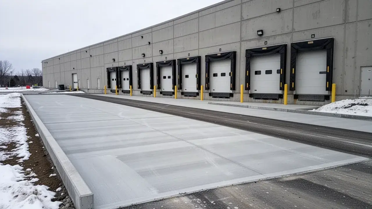 Reinforced concrete dock apron at Cambridge warehouse doors
