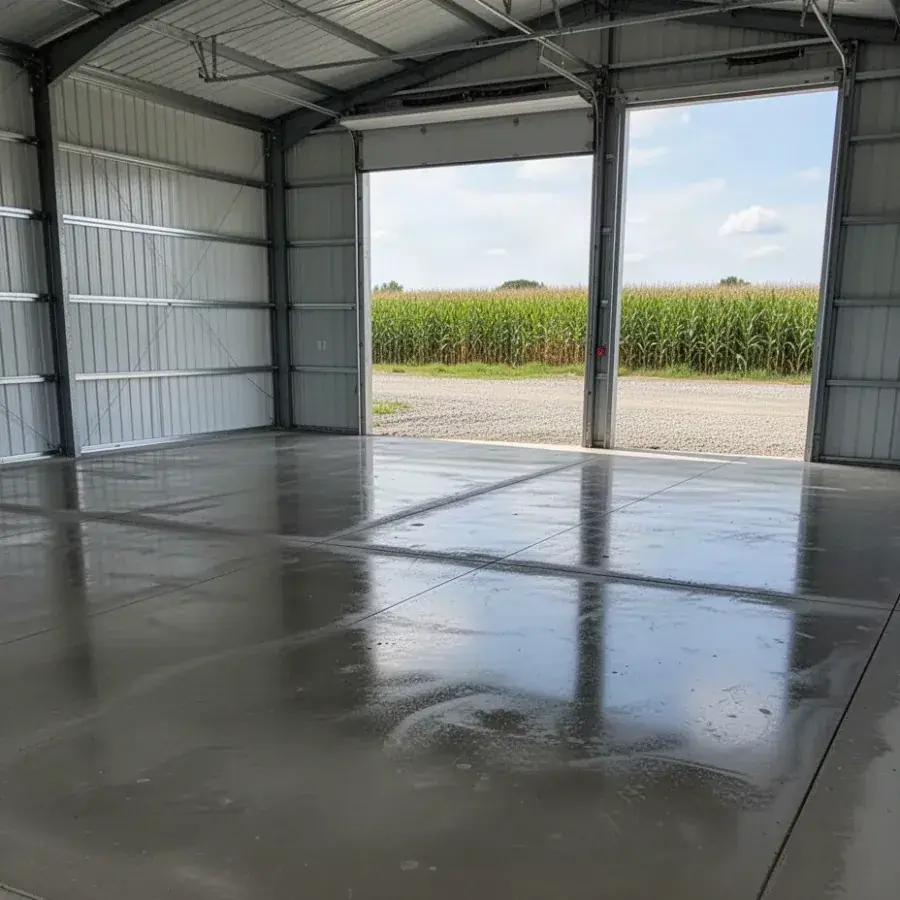 Drive shed floor, power trowelled Reinforced concrete shop floor inside Wilmot Township drive shed