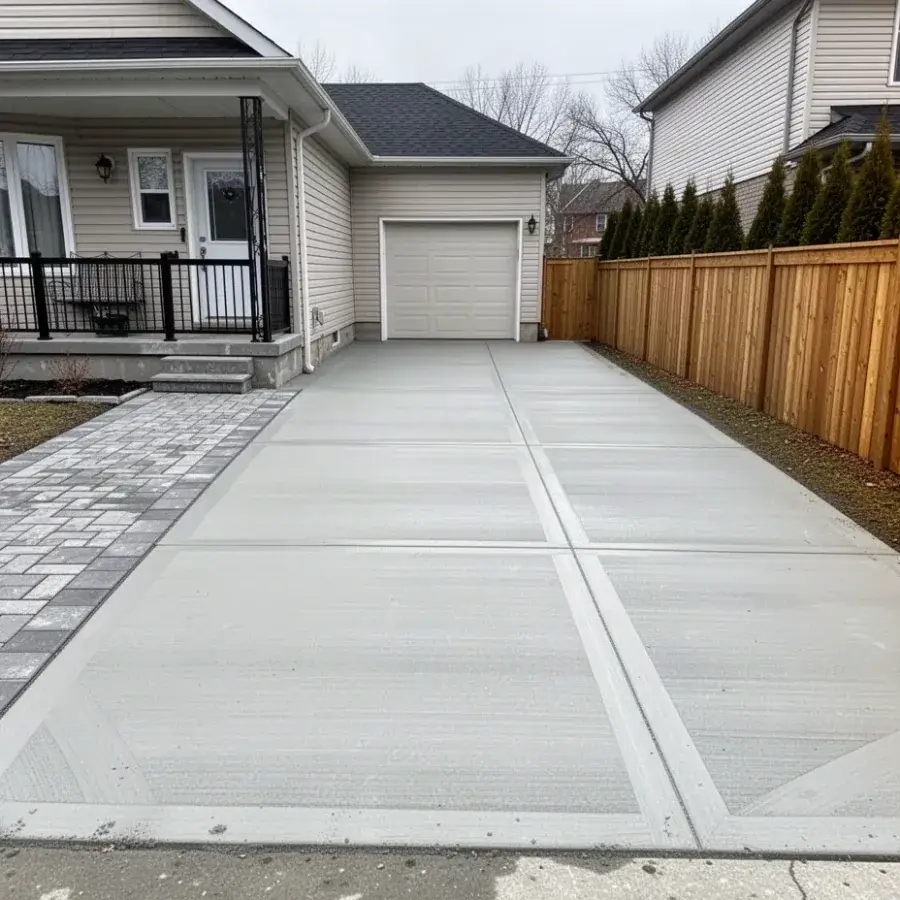 Concrete replaces sunken pavers Replacement concrete driveway beside interlock walkway in Kitchener